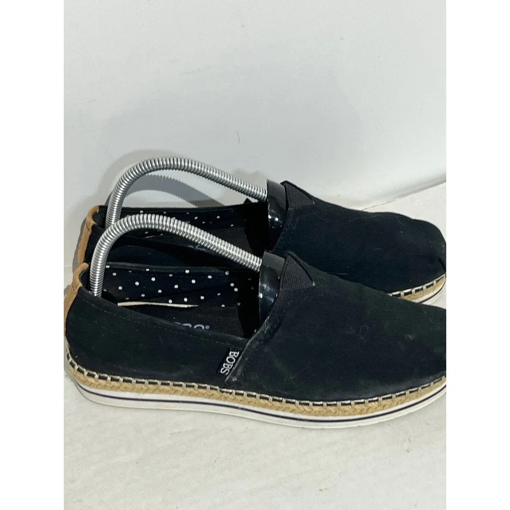 Skechers BOBS‎ Black Canvas Espadrille Slip On Flats Memory Foam Womens 8M